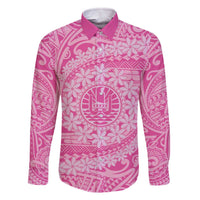 Tahitian Tiare Flower Family Matching Off Shoulder Short Dress and Hawaiian Shirt Pink Polynesian Pattern