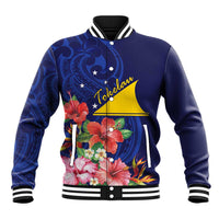 Personalised Tokelau Tropical Hibiscus Baseball Jacket With Polynesian Plumeria Tattoo LT9 Unisex Blue - Polynesian Pride