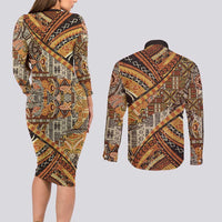 Hawaiian Style Tapa Couples Matching Long Sleeve Bodycon Dress and Long Sleeve Button Shirt Vintage Seamless Pattern - Polynesian Pride