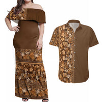 Hawaiian Tribal Elements Hibiscus Couples Matching Off Shoulder Maxi Dress and Hawaiian Shirt Gold Pattern - Polynesian Pride