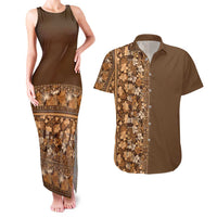 Hawaiian Tribal Elements Hibiscus Couples Matching Tank Maxi Dress and Hawaiian Shirt Gold Pattern - Polynesian Pride