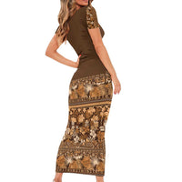 Hawaiian Tribal Elements Hibiscus Short Sleeve Bodycon Dress Gold Pattern - Polynesian Pride
