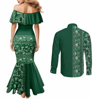 Hawaiian Tribal Elements Hibiscus Couples Matching Mermaid Dress and Long Sleeve Button Shirt Green Pattern - Polynesian Pride