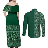 Hawaiian Tribal Elements Hibiscus Couples Matching Off Shoulder Maxi Dress and Long Sleeve Button Shirt Green Pattern - Polynesian Pride
