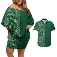 Hawaiian Tribal Elements Hibiscus Couples Matching Off Shoulder Short Dress and Hawaiian Shirt Green Pattern - Polynesian Pride