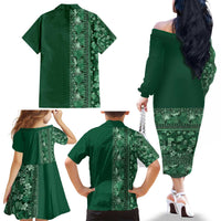 Hawaiian Tribal Elements Hibiscus Family Matching Off The Shoulder Long Sleeve Dress and Hawaiian Shirt Green Pattern - Polynesian Pride