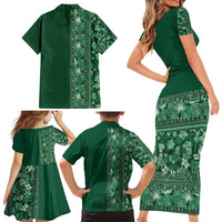 Hawaiian Tribal Elements Hibiscus Family Matching Short Sleeve Bodycon Dress and Hawaiian Shirt Green Pattern - Polynesian Pride