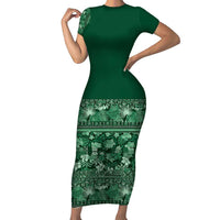 Hawaiian Tribal Elements Hibiscus Short Sleeve Bodycon Dress Green Pattern - Polynesian Pride