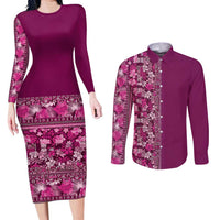 Hawaiian Tribal Elements Hibiscus Couples Matching Long Sleeve Bodycon Dress and Long Sleeve Button Shirt Pink Pattern - Polynesian Pride