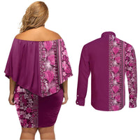 Hawaiian Tribal Elements Hibiscus Couples Matching Off Shoulder Short Dress and Long Sleeve Button Shirt Pink Pattern - Polynesian Pride