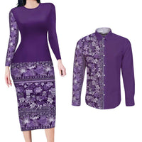 Hawaiian Tribal Elements Hibiscus Couples Matching Long Sleeve Bodycon Dress and Long Sleeve Button Shirt Purple Pattern - Polynesian Pride