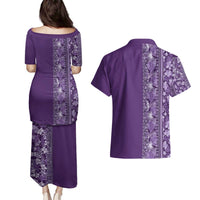 Hawaiian Tribal Elements Hibiscus Couples Matching Puletasi and Hawaiian Shirt Purple Pattern - Polynesian Pride