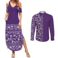 Hawaiian Tribal Elements Hibiscus Couples Matching Summer Maxi Dress and Long Sleeve Button Shirt Purple Pattern - Polynesian Pride