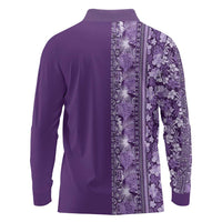 Hawaiian Tribal Elements Hibiscus Long Sleeve Polo Shirt Purple Pattern - Polynesian Pride
