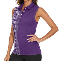 Hawaiian Tribal Elements Hibiscus Women Sleeveless Polo Shirt Purple Pattern - Polynesian Pride