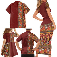 Hawaiian Tribal Elements Hibiscus Family Matching Short Sleeve Bodycon Dress and Hawaiian Shirt Red Pattern - Polynesian Pride