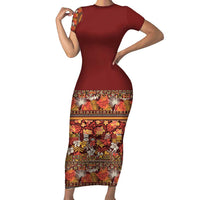 Hawaiian Tribal Elements Hibiscus Short Sleeve Bodycon Dress Red Pattern - Polynesian Pride