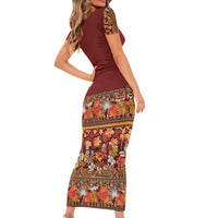 Hawaiian Tribal Elements Hibiscus Short Sleeve Bodycon Dress Red Pattern - Polynesian Pride