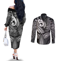 Polynesia Couples Matching Off The Shoulder Long Sleeve Dress and Long Sleeve Button Shirts Whale Tale and Polynesian Sunset Plumeria Black LT9 - Polynesian Pride