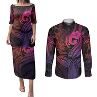 Polynesia Couples Matching Puletasi Dress and Long Sleeve Button Shirts Whale Tale and Polynesian Sunset Plumeria Pink LT9 Pink - Polynesian Pride