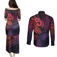 Polynesia Couples Matching Puletasi Dress and Long Sleeve Button Shirts Whale Tale and Polynesian Sunset Plumeria Pink LT9 - Polynesian Pride