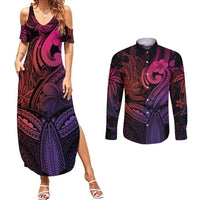 Polynesia Couples Matching Summer Maxi Dress and Long Sleeve Button Shirts Whale Tale and Polynesian Sunset Plumeria Pink LT9 Pink - Polynesian Pride