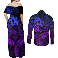 Polynesia Couples Matching Off Shoulder Maxi Dress and Long Sleeve Button Shirts Whale Tale and Polynesian Sunset Plumeria Purple LT9 - Polynesian Pride