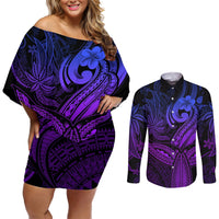 Polynesia Couples Matching Off Shoulder Short Dress and Long Sleeve Button Shirts Whale Tale and Polynesian Sunset Plumeria Purple LT9 Purple - Polynesian Pride