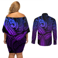 Polynesia Couples Matching Off Shoulder Short Dress and Long Sleeve Button Shirts Whale Tale and Polynesian Sunset Plumeria Purple LT9 - Polynesian Pride