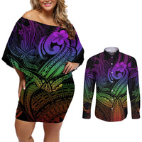 Polynesia Couples Matching Off Shoulder Short Dress and Long Sleeve Button Shirts Whale Tale and Polynesian Sunset Plumeria Rainbow LT9 Rainbow - Polynesian Pride
