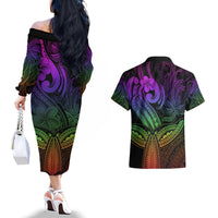 Polynesia Couples Matching Off The Shoulder Long Sleeve Dress and Hawaiian Shirt Whale Tale and Polynesian Sunset Plumeria Rainbow LT9 - Polynesian Pride
