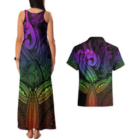 Polynesia Couples Matching Tank Maxi Dress and Hawaiian Shirt Whale Tale and Polynesian Sunset Plumeria Rainbow LT9 - Polynesian Pride
