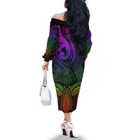 Polynesia Off The Shoulder Long Sleeve Dress Whale Tale and Polynesian Sunset Plumeria Rainbow LT9 - Polynesian Pride