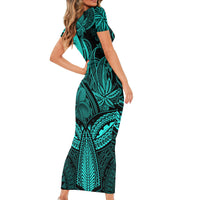 Polynesia Short Sleeve Bodycon Dress Whale Tale and Polynesian Sunset Plumeria Turquoise LT9 - Polynesian Pride
