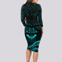 FSM Chuuk States Long Sleeve Bodycon Dress Micronesia Vintage Polynesian Tribal Aqua Version LT9 - Polynesian Pride