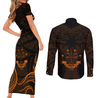 FSM Chuuk States Couples Matching Short Sleeve Bodycon Dress and Long Sleeve Button Shirts Micronesia Vintage Polynesian Tribal Gold Version LT9 - Polynesian Pride