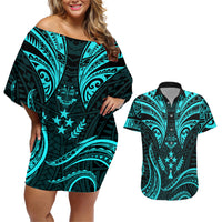 FSM Kosrae States Couples Matching Off Shoulder Short Dress and Hawaiian Shirt Micronesia Vintage Polynesian Tribal Aqua Version LT9 Aqua - Polynesian Pride