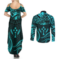 FSM Kosrae States Couples Matching Summer Maxi Dress and Long Sleeve Button Shirts Micronesia Vintage Polynesian Tribal Aqua Version LT9 - Polynesian Pride
