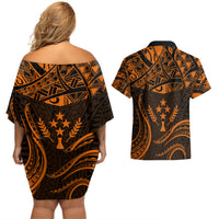 FSM Kosrae States Couples Matching Off Shoulder Short Dress and Hawaiian Shirt Micronesia Vintage Polynesian Tribal Gold Version LT9 - Polynesian Pride