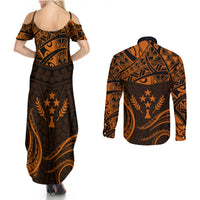 FSM Kosrae States Couples Matching Summer Maxi Dress and Long Sleeve Button Shirts Micronesia Vintage Polynesian Tribal Gold Version LT9 - Polynesian Pride