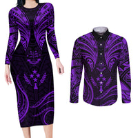 FSM Kosrae States Couples Matching Long Sleeve Bodycon Dress and Long Sleeve Button Shirts Micronesia Vintage Polynesian Tribal Purple Version LT9 Purple - Polynesian Pride