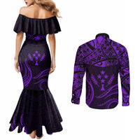 FSM Kosrae States Couples Matching Mermaid Dress and Long Sleeve Button Shirts Micronesia Vintage Polynesian Tribal Purple Version LT9 - Polynesian Pride