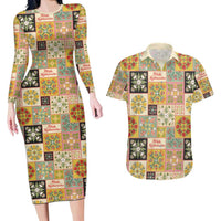 Mele Kalikimaka Hawaii Christmas Couples Matching Long Sleeve Bodycon Dress and Hawaiian Shirt Melemele Mama Seamless Floral Motif - Polynesian Pride