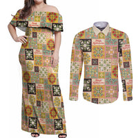 Mele Kalikimaka Hawaii Christmas Couples Matching Off Shoulder Maxi Dress and Long Sleeve Button Shirt Melemele Mama Seamless Floral Motif - Polynesian Pride