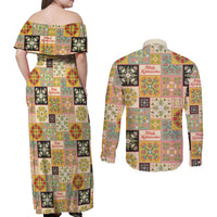 Mele Kalikimaka Hawaii Christmas Couples Matching Off Shoulder Maxi Dress and Long Sleeve Button Shirt Melemele Mama Seamless Floral Motif - Polynesian Pride