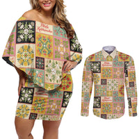 Mele Kalikimaka Hawaii Christmas Couples Matching Off Shoulder Short Dress and Long Sleeve Button Shirt Melemele Mama Seamless Floral Motif - Polynesian Pride