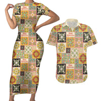 Mele Kalikimaka Hawaii Christmas Couples Matching Short Sleeve Bodycon Dress and Hawaiian Shirt Melemele Mama Seamless Floral Motif - Polynesian Pride