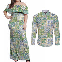 Mele Kalikimaka Hawaii Christmas Couples Matching Off Shoulder Maxi Dress and Long Sleeve Button Shirt Omaomao Seamless Floral Motif - Polynesian Pride
