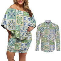 Mele Kalikimaka Hawaii Christmas Couples Matching Off Shoulder Short Dress and Long Sleeve Button Shirt Omaomao Seamless Floral Motif - Polynesian Pride