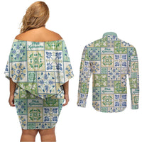 Mele Kalikimaka Hawaii Christmas Couples Matching Off Shoulder Short Dress and Long Sleeve Button Shirt Omaomao Seamless Floral Motif - Polynesian Pride